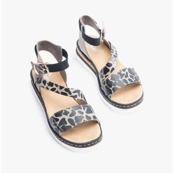 67958-26 Ladies Buckle Animal Print Wedge Heel Sandals Beige