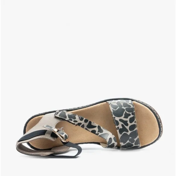 67958-26 Ladies Buckle Animal Print Wedge Heel Sandals Beige