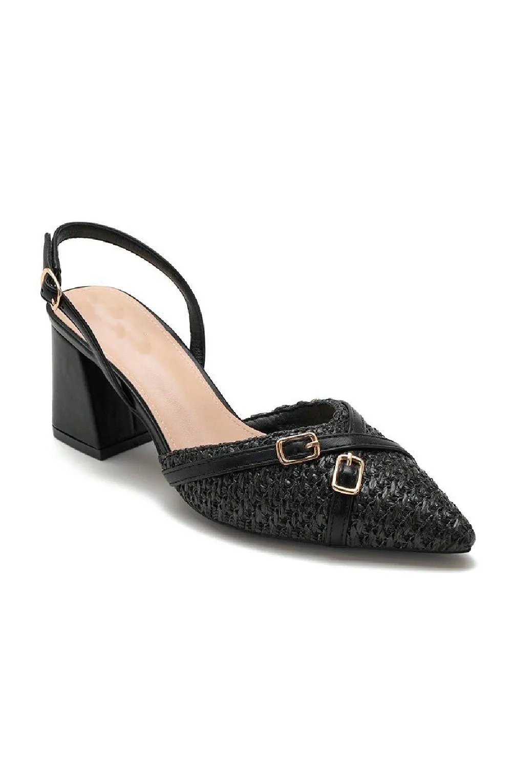 BLACK BLOCK HEEL SLING BACK STRAPPY BUCKLE DETAIL SANDALS