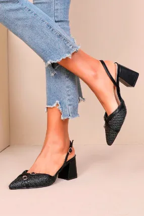BLACK BLOCK HEEL SLING BACK STRAPPY BUCKLE DETAIL SANDALS