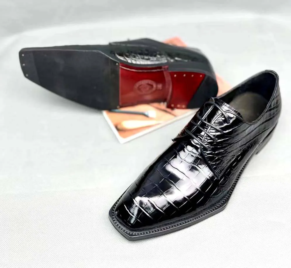 Crocodile Shoes Men's Crocodile Leather Lace-up Dress Shoes Square Toe Black Business Mens Shoes Free Shipping Size38-44