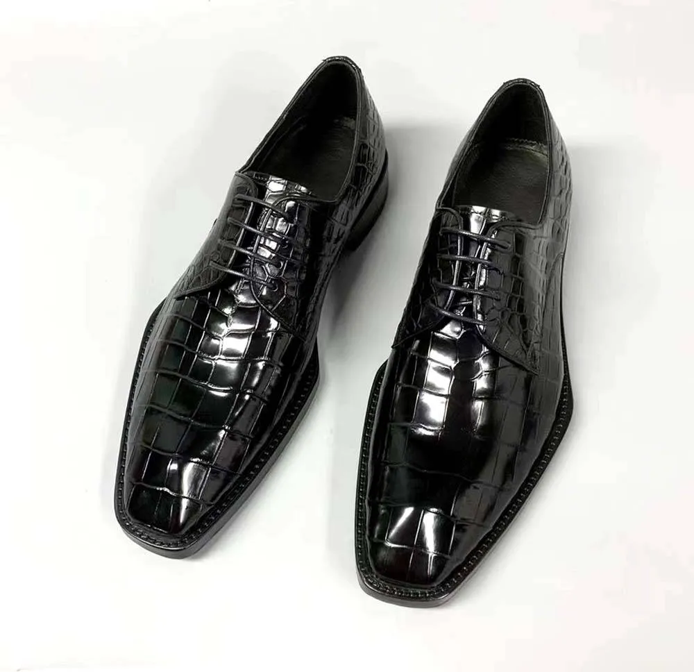 Crocodile Shoes Men's Crocodile Leather Lace-up Dress Shoes Square Toe Black Business Mens Shoes Free Shipping Size38-44