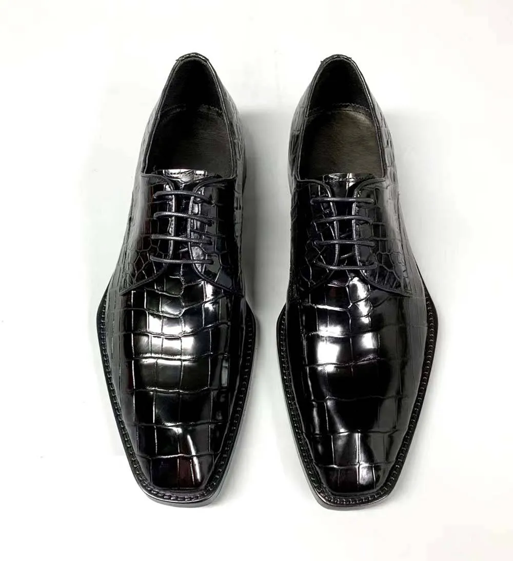 Crocodile Shoes Men's Crocodile Leather Lace-up Dress Shoes Square Toe Black Business Mens Shoes Free Shipping Size38-44