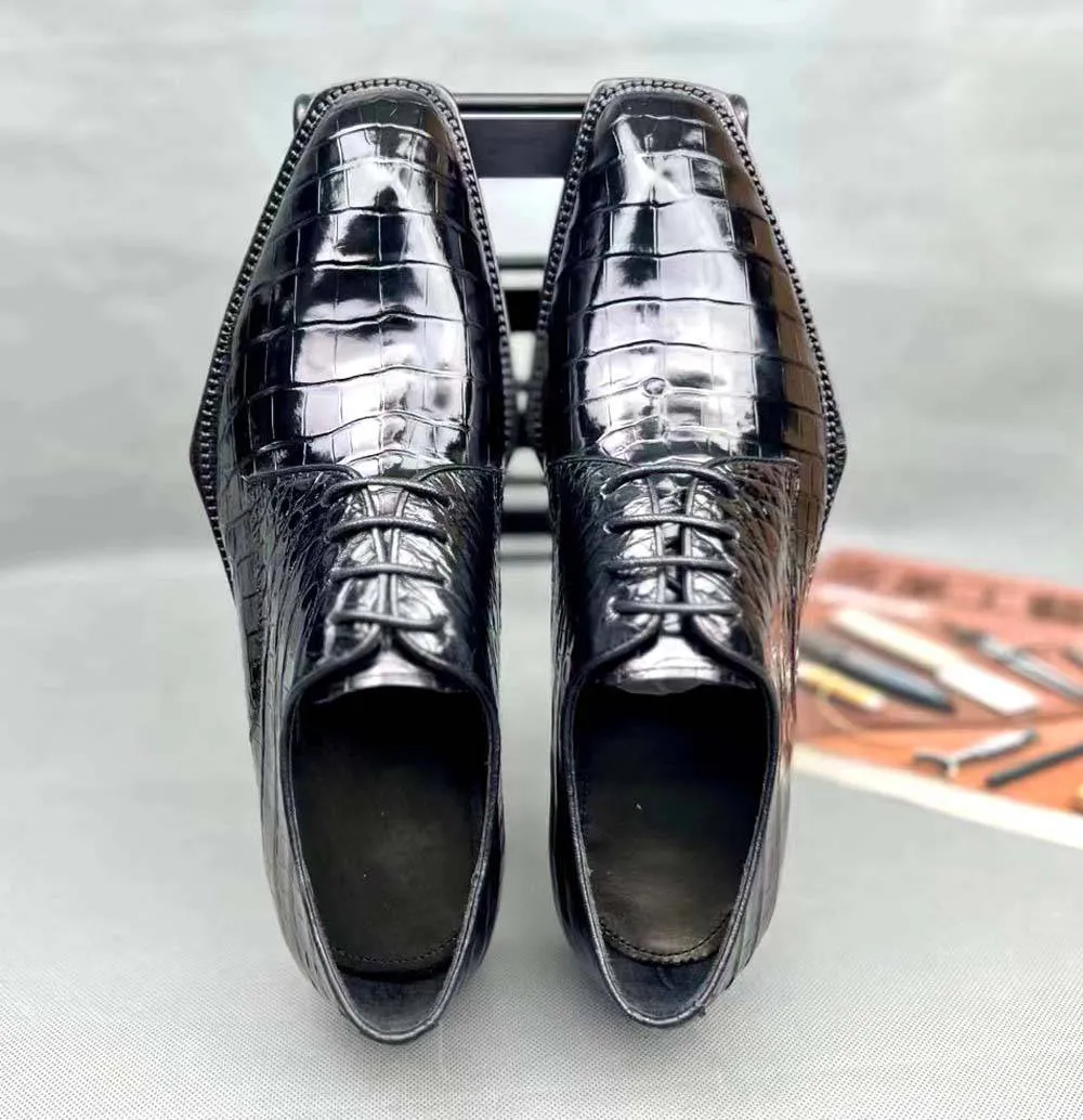 Crocodile Shoes Men's Crocodile Leather Lace-up Dress Shoes Square Toe Black Business Mens Shoes Free Shipping Size38-44