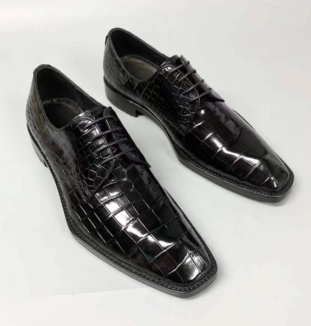 Crocodile Shoes Men's Crocodile Leather Lace-up Dress Shoes Square Toe Black Business Mens Shoes Free Shipping Size38-44