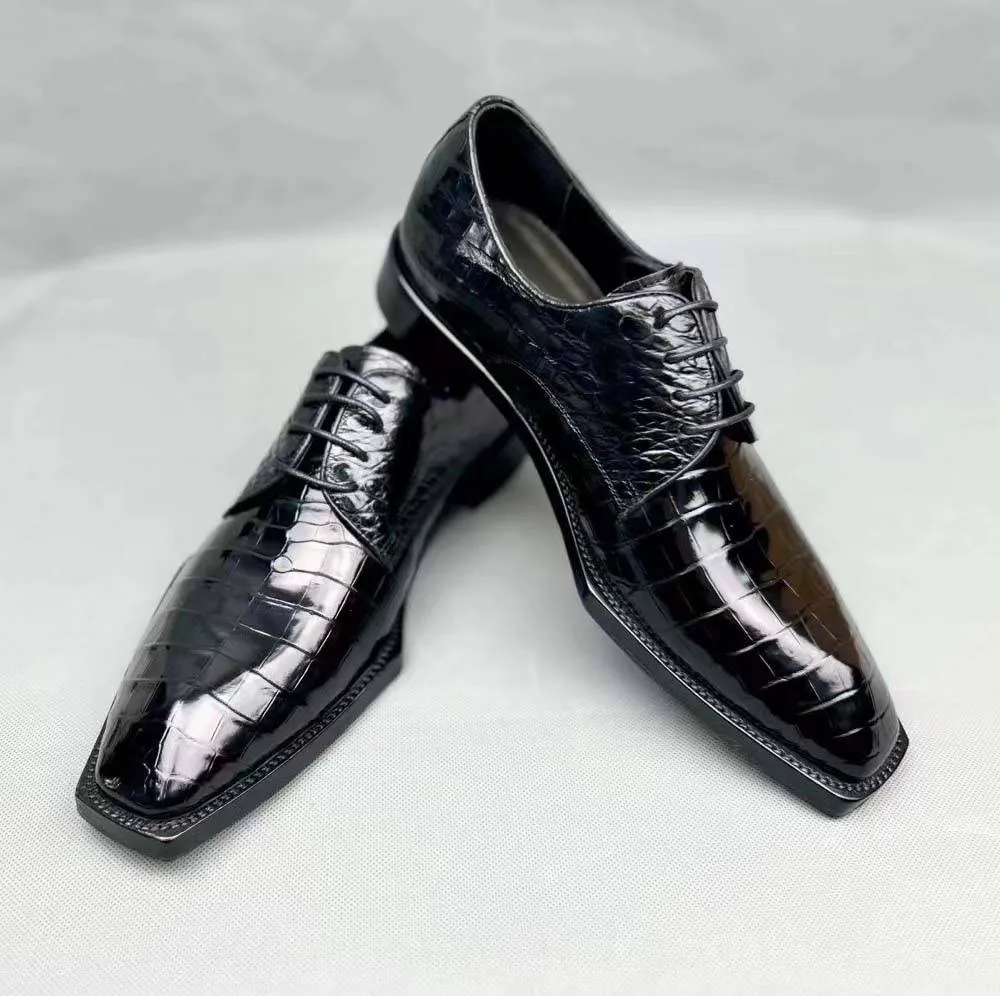 Crocodile Shoes Men's Crocodile Leather Lace-up Dress Shoes Square Toe Black Business Mens Shoes Free Shipping Size38-44