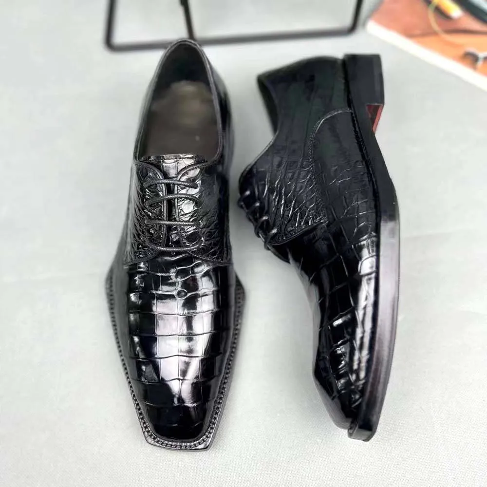 Crocodile Shoes Men's Crocodile Leather Lace-up Dress Shoes Square Toe Black Business Mens Shoes Free Shipping Size38-44