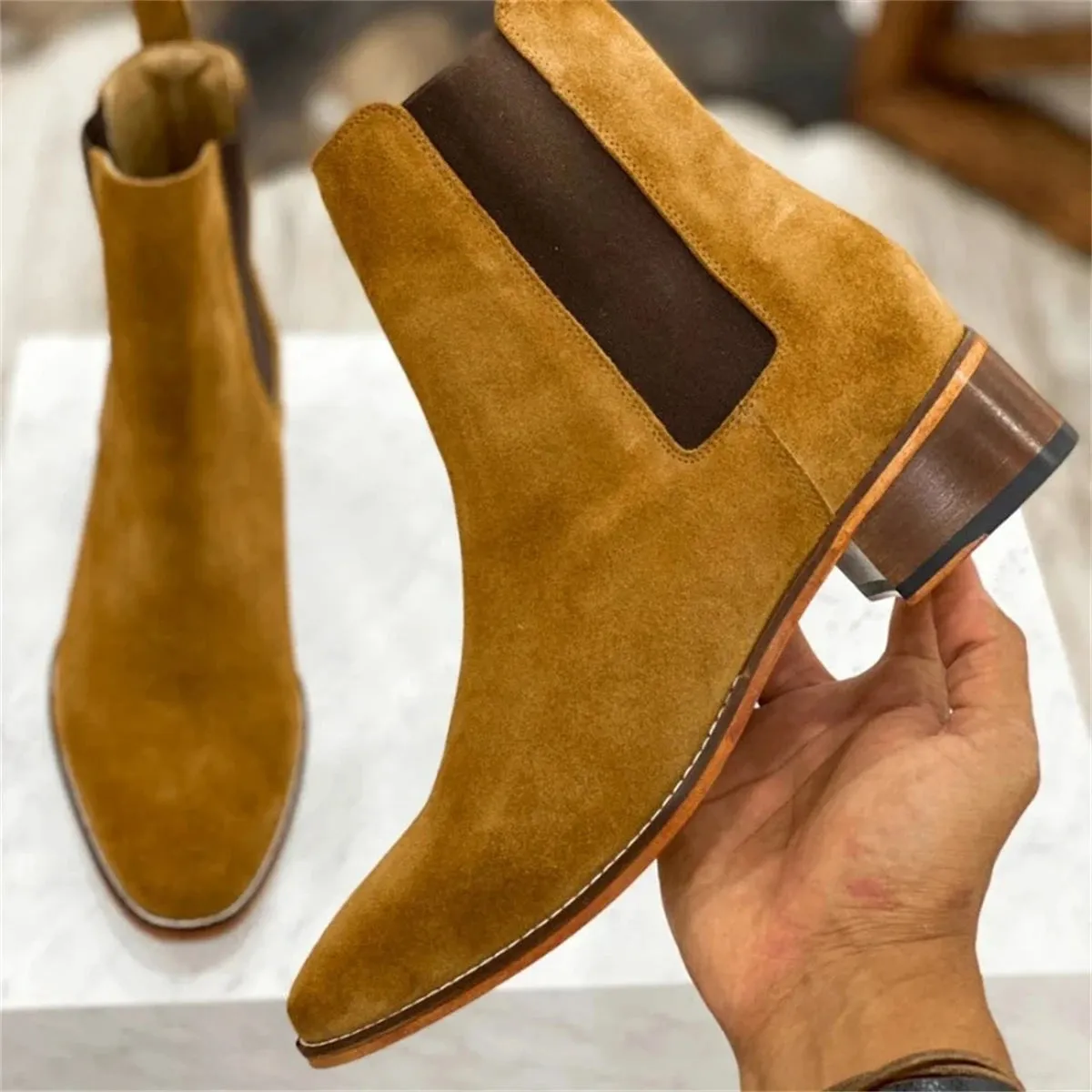 Funki Buys | Boots | Men's Suede Block Heeled Chelsea Boots