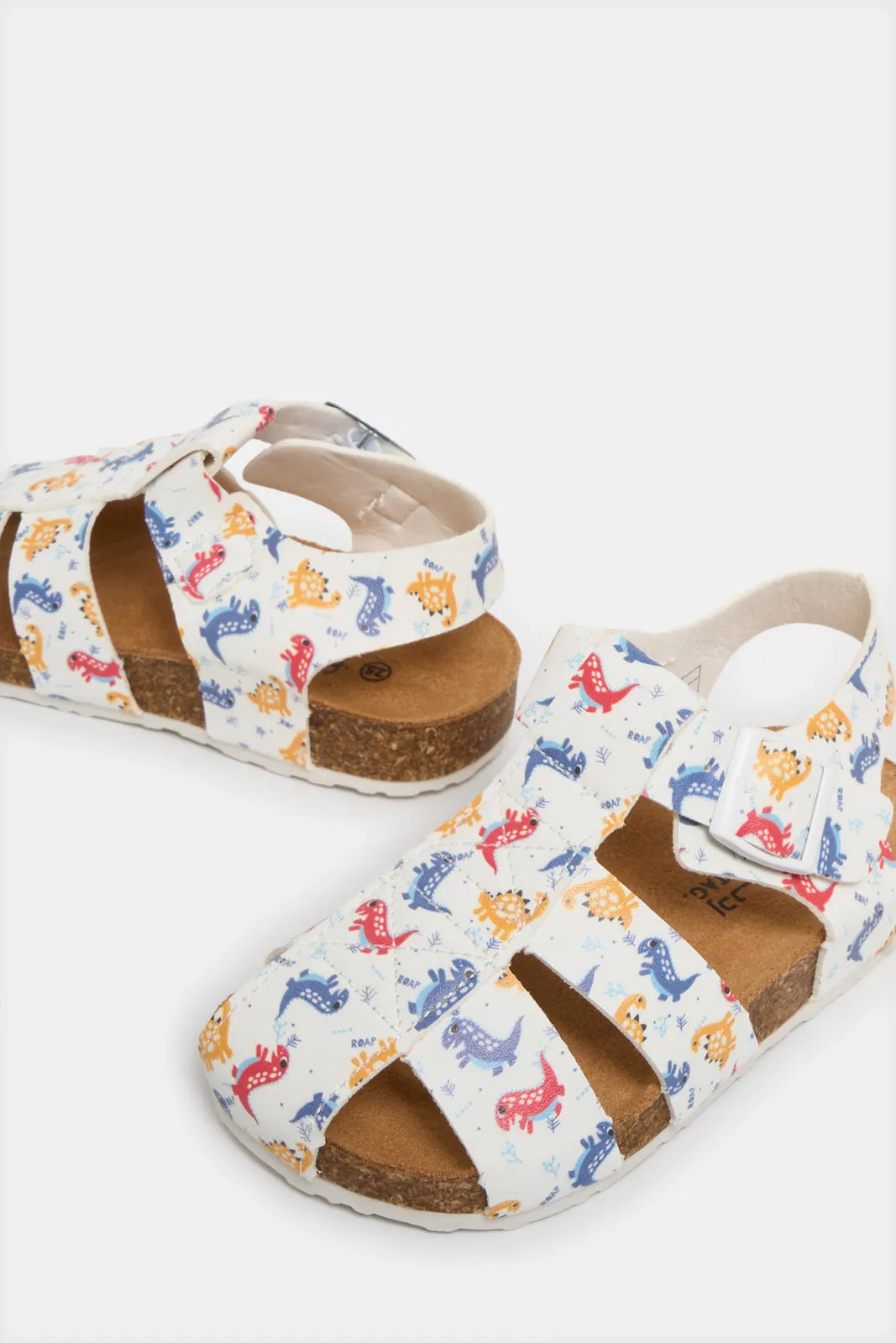 Infant Girls White Dinosaur Printed Cork Sandal