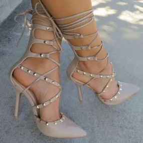 Lace Up Studded Pointed Toe Stilettos