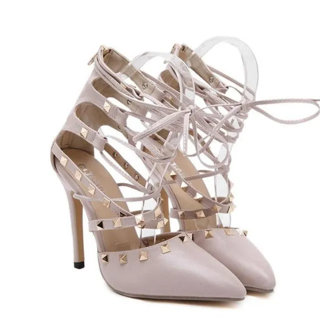 Lace Up Studded Pointed Toe Stilettos
