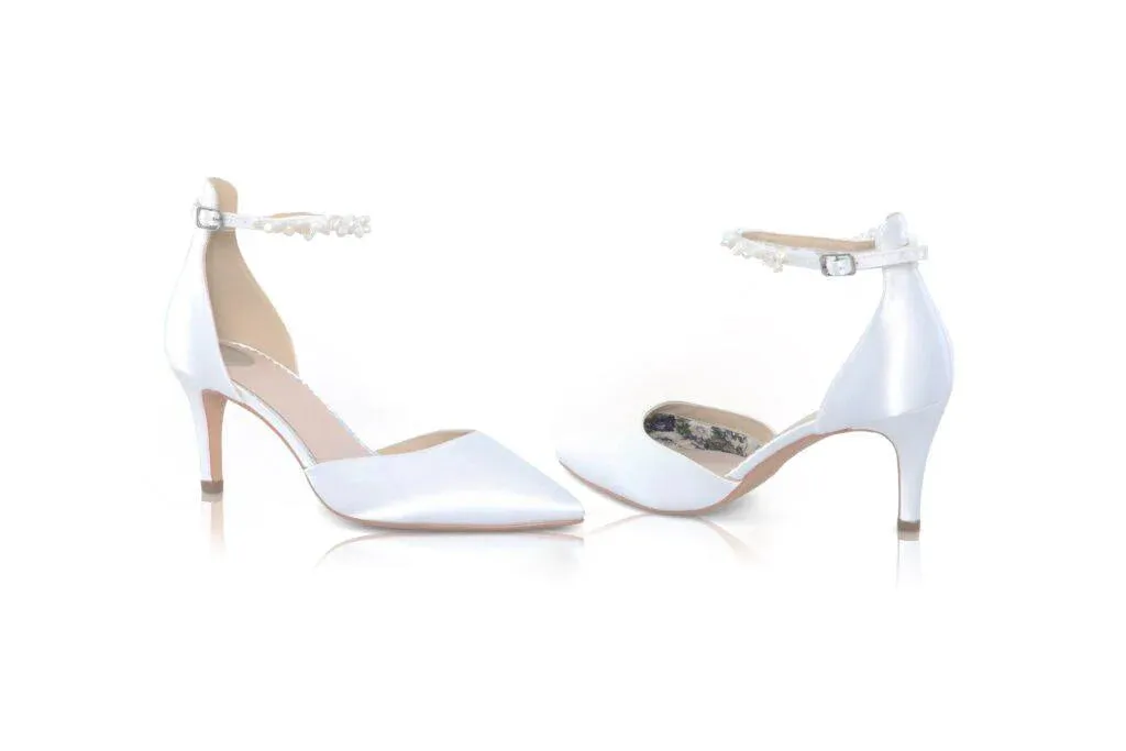 Low Heel Bridal Shoe, Ivory Satin with Keshi Pearls, Ankle Strap, ELLAMID