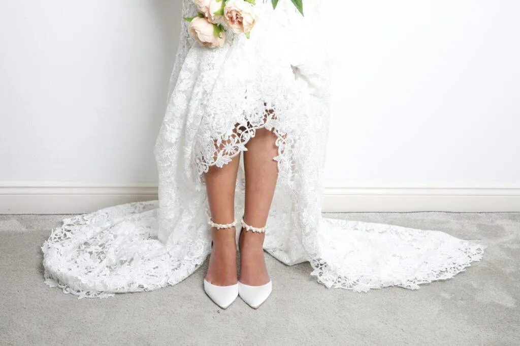 Low Heel Bridal Shoe, Ivory Satin with Keshi Pearls, Ankle Strap, ELLAMID