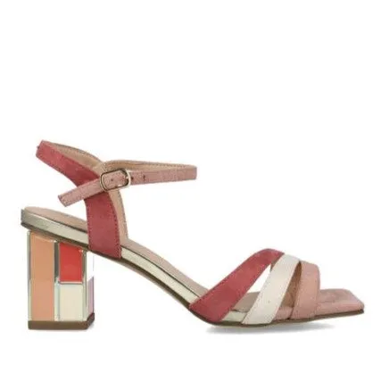 MB 24110 Beige, Blush & Salmon Microsuede & Faux Leather Sling Back Block Heels Sandals