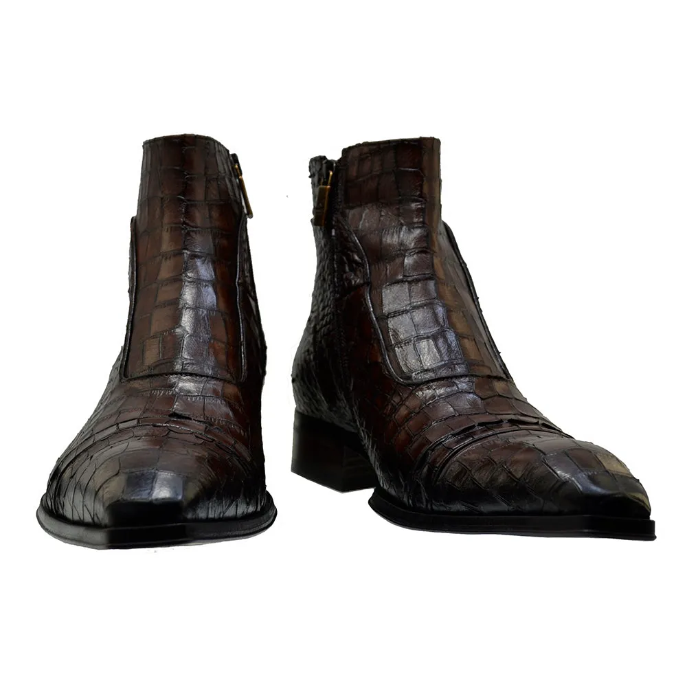 Men's Italian Shoes Jo Ghost 3239CR Brown Leather Print crocodile Dress Boots