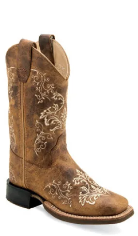 OLD WEST CHILDREN'S (9-3) EMBROIDERED TAN SQUARE TOE BOOT