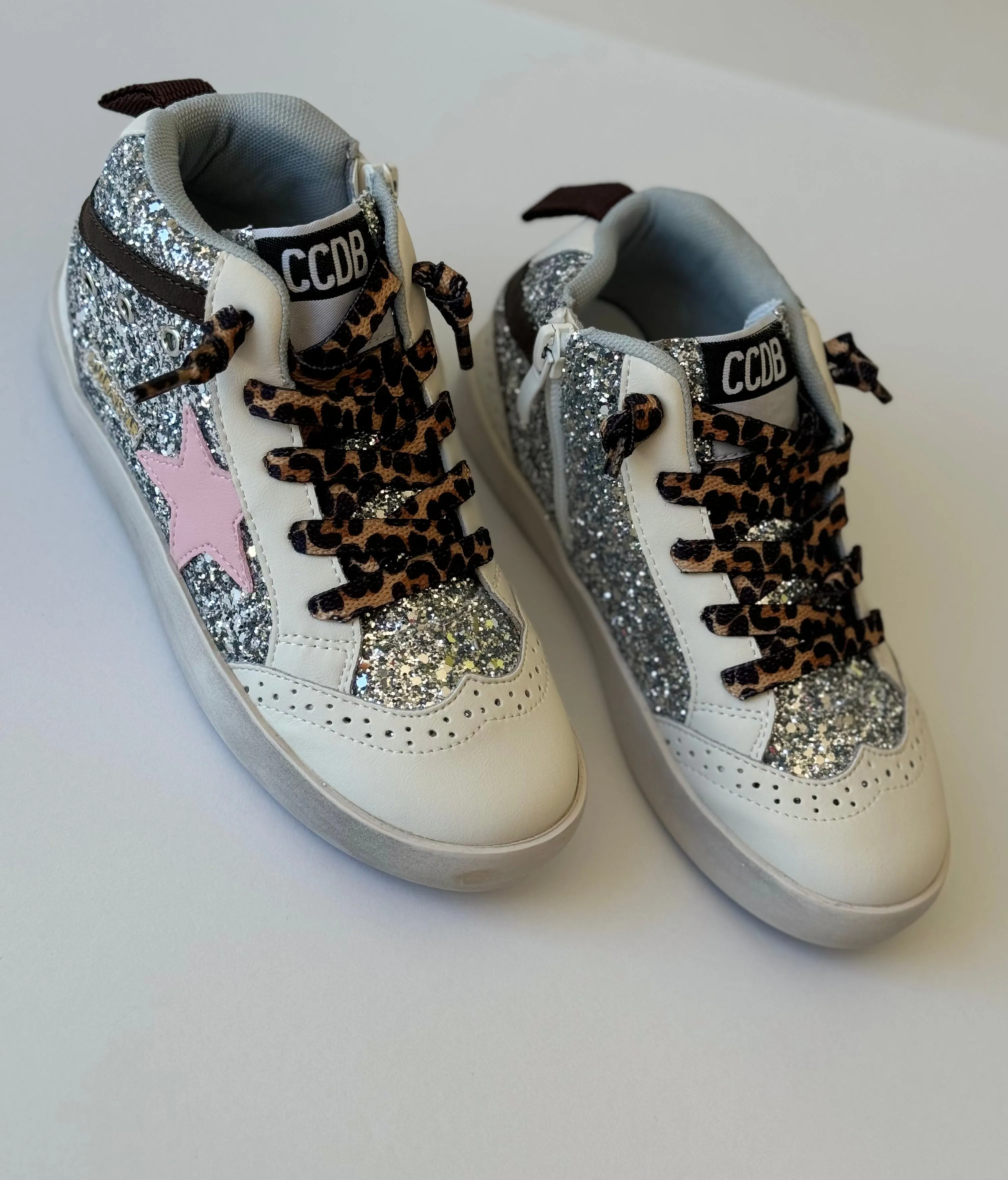 Silver glitter hitop sneakers with laces