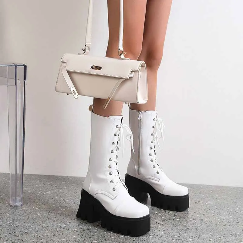 Women's Biker Boots Lace Up Mid Calf Motorcycle Boots Combat Riding Boots
