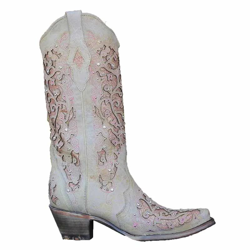 Women's White Glitter Wedding Boots Crystals Cowgirl Boots