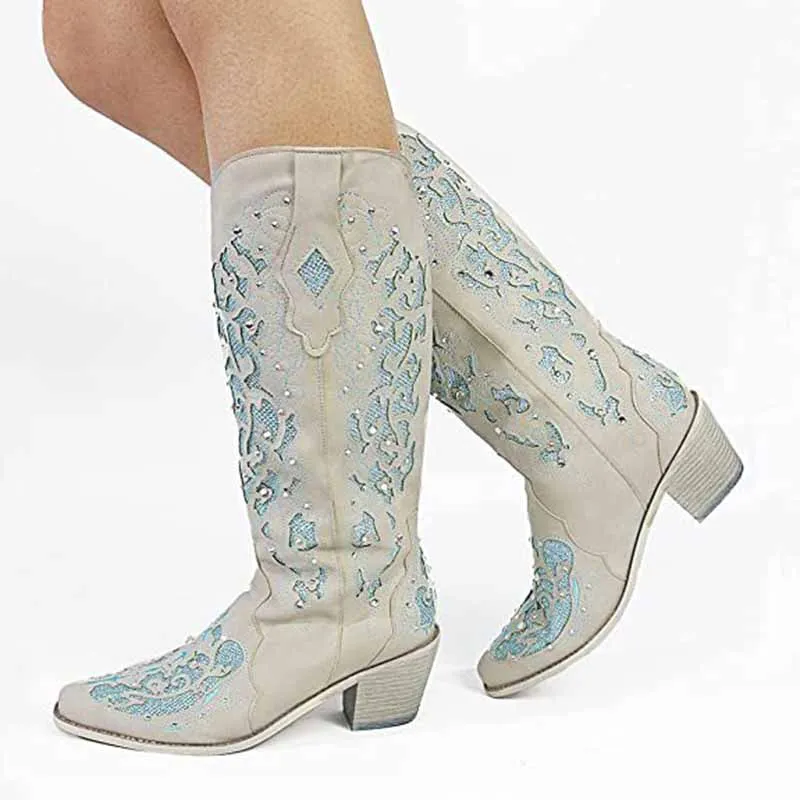Women's White Glitter Wedding Boots Crystals Cowgirl Boots