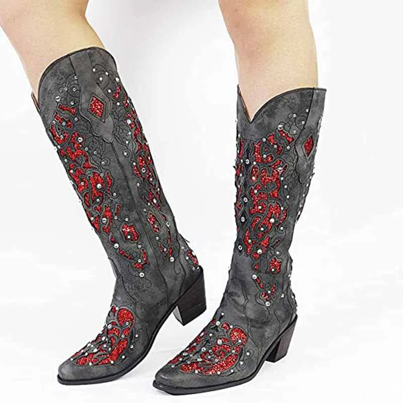 Women's White Glitter Wedding Boots Crystals Cowgirl Boots
