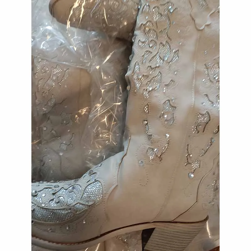 Women's White Glitter Wedding Boots Crystals Cowgirl Boots