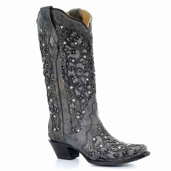 Women's White Glitter Wedding Boots Crystals Cowgirl Boots