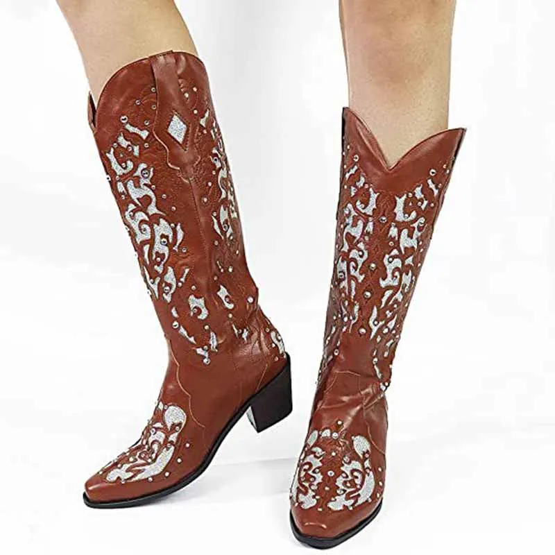 Women's White Glitter Wedding Boots Crystals Cowgirl Boots