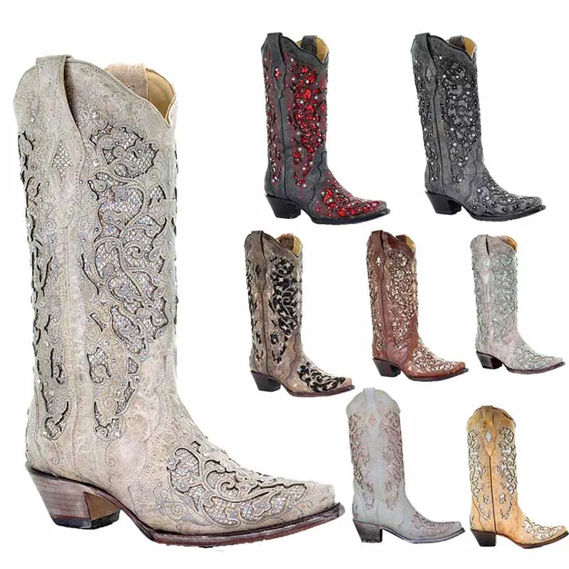 Women's White Glitter Wedding Boots Crystals Cowgirl Boots