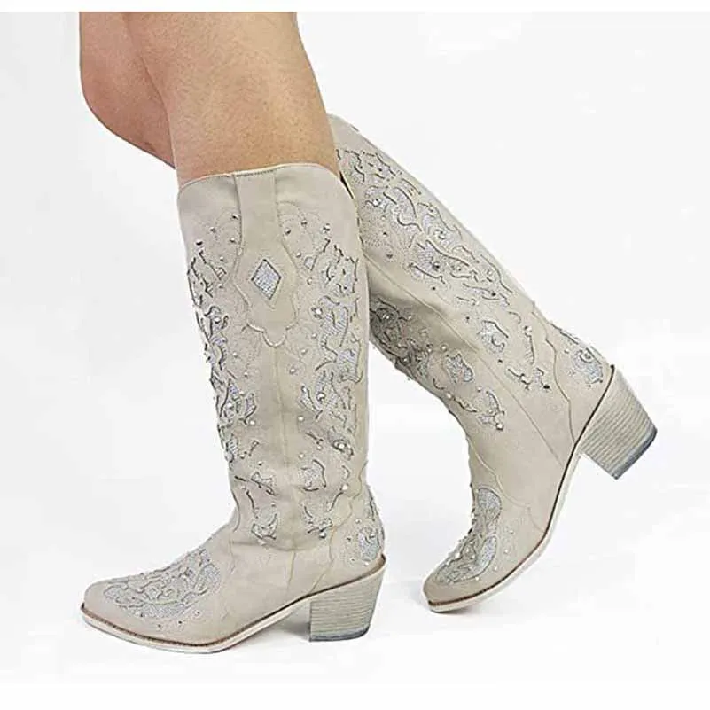 Women's White Glitter Wedding Boots Crystals Cowgirl Boots