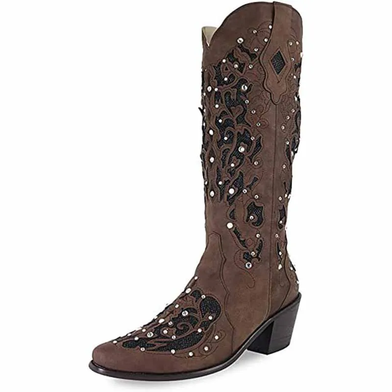 Women's White Glitter Wedding Boots Crystals Cowgirl Boots