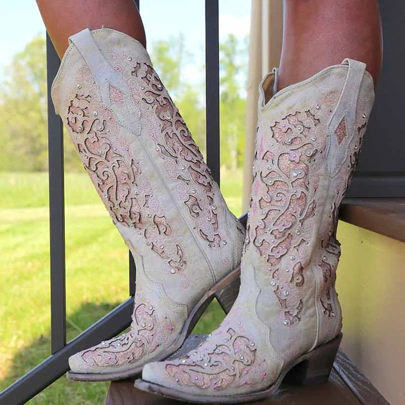 Women's White Glitter Wedding Boots Crystals Cowgirl Boots